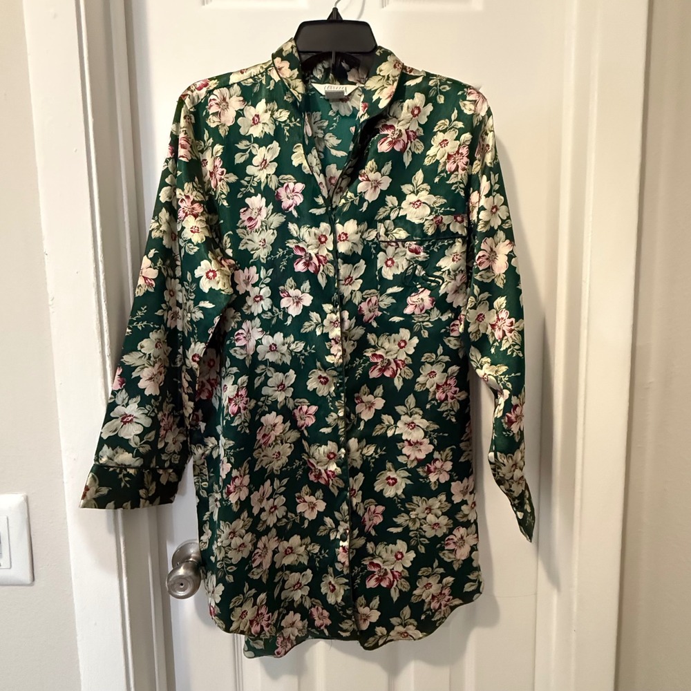 Sellecca Women's Emerald Green Floral Button Down Sleep Shirt Pajama Top Size S